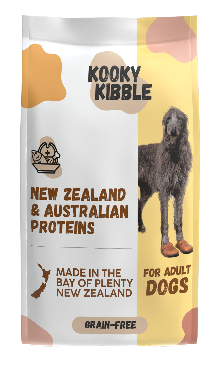 A bag of Kooky Kibble dog food, specifically 'New Zealand & Australian Proteins' for adult dogs. The packaging features a split design of white on the left and yellow on the right, with abstract peach-colored blobs.