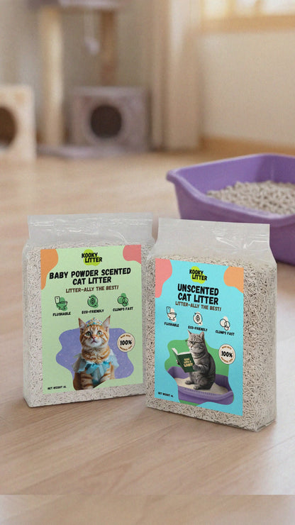 Kooky Flushable Cat Litter 2.5kg | Unscented & Baby Powder | Eco-Friendly Cat Litter